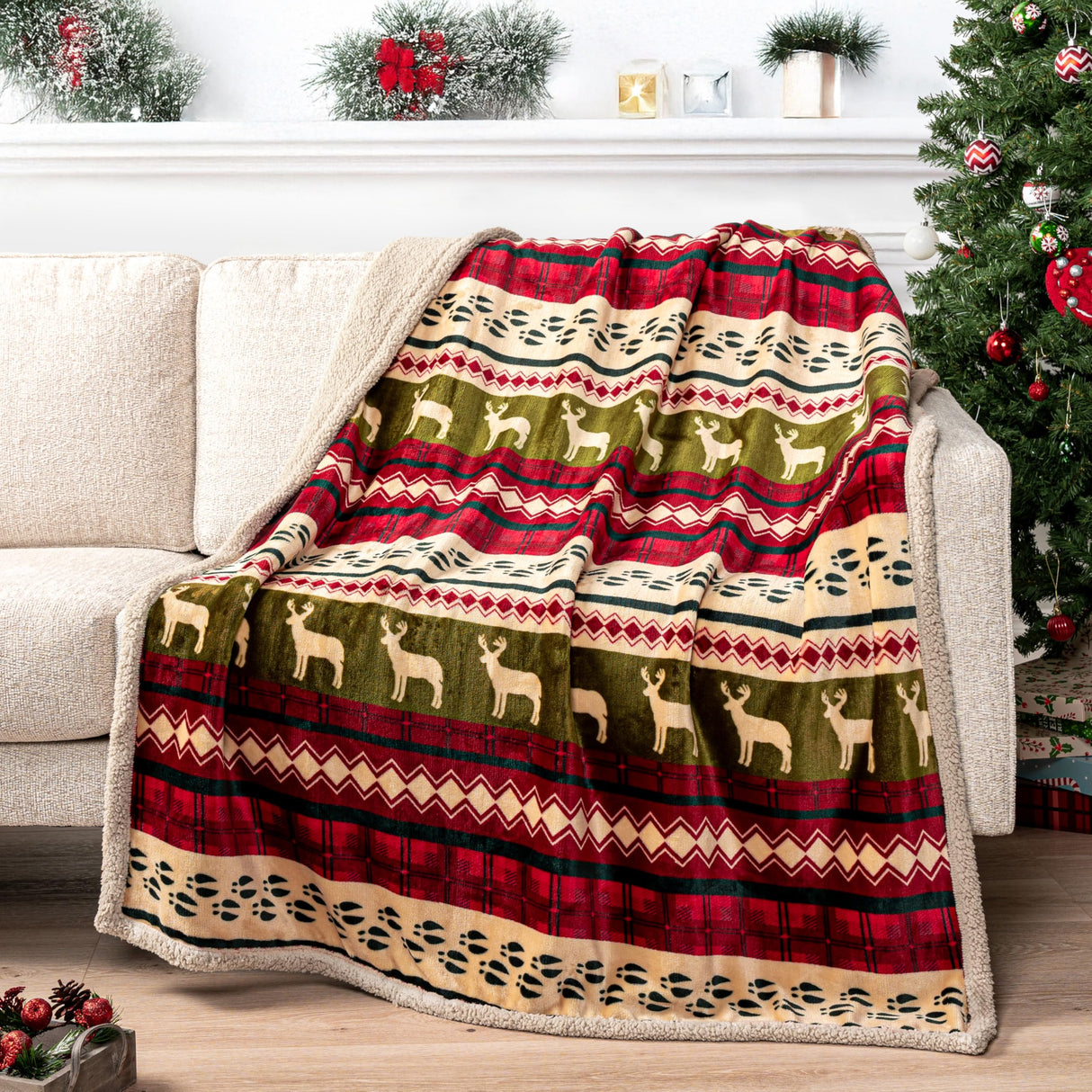 PAVILIA Premium Christmas Blanket Sherpa Fleece Throw| Plush Christmas Decoration, Reindeer, Cozy Reversible Winter Holiday Cabin Blanket for Sofa Couch 50x60 PAVILIA