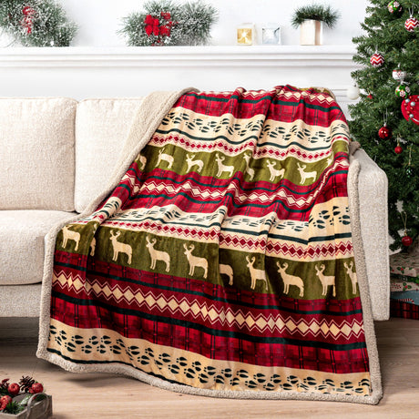 PAVILIA Premium Christmas Blanket Sherpa Fleece Throw| Plush Christmas Decoration, Reindeer, Cozy Reversible Winter Holiday Cabin Blanket for Sofa Couch 50x60 PAVILIA