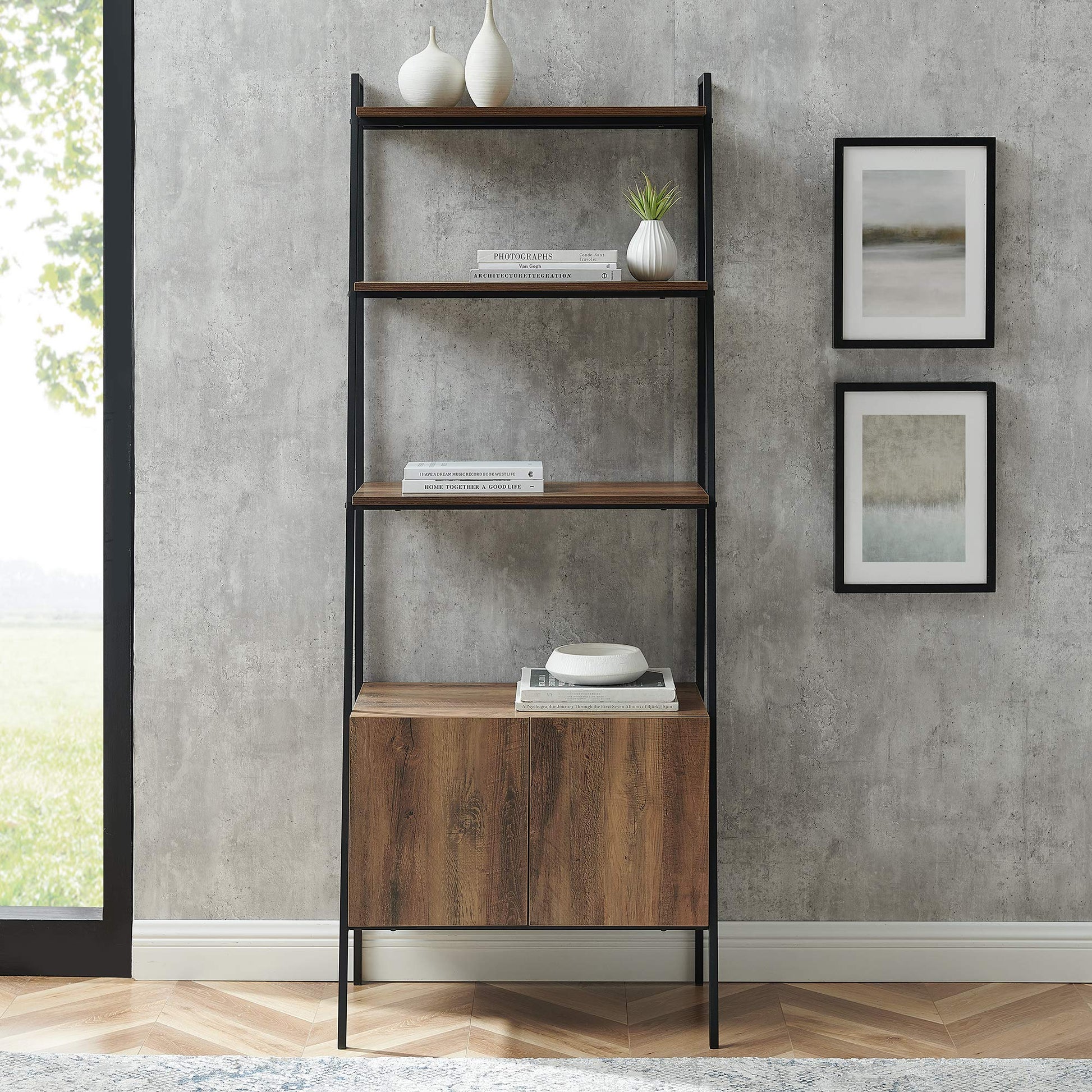 Industrial Modern Ladder Bookcase with Cabinet in Reclaimed Barnwood by Walker Edison - WoodArtSupply