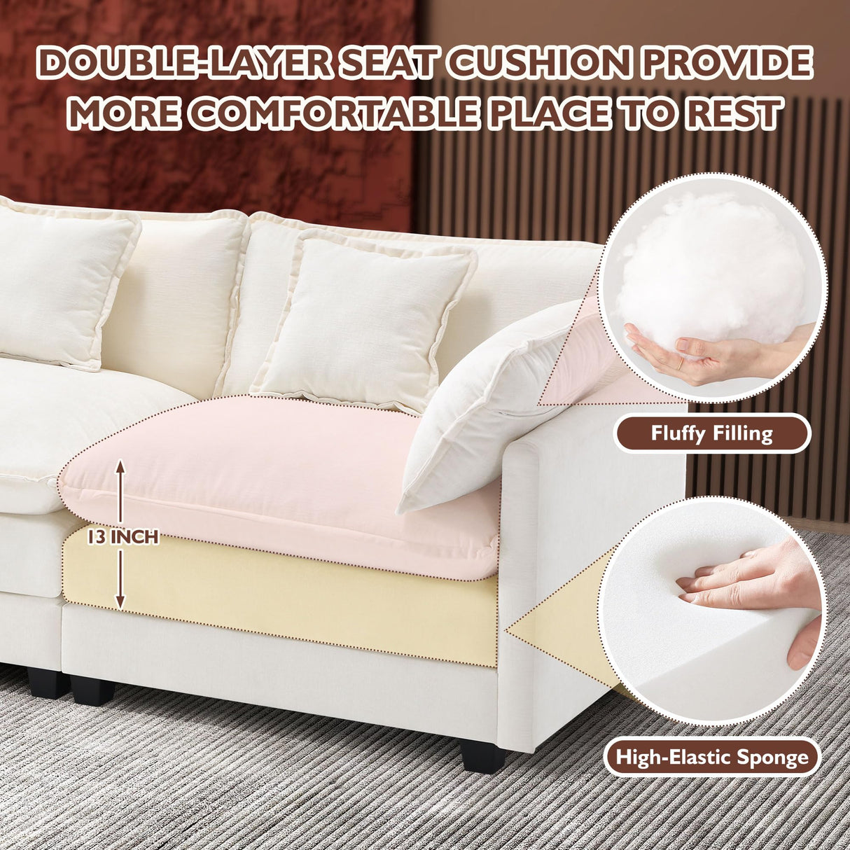 Ihanherry 146" U-Shaped Modern Sofa Modular Sectional Cloud Couch with 2 Ottoman, 6-Seat Chenille Deep Seat Sofa with 6 Pillows for Living Room, Bedroom and Apartment, Beige Ihanherry