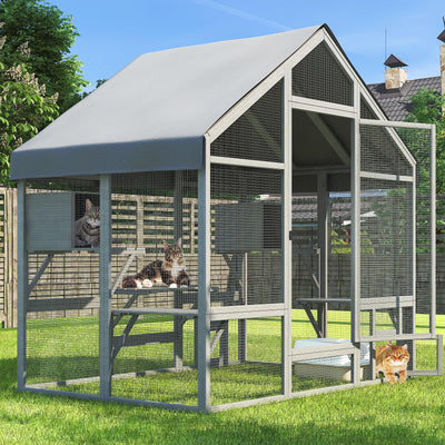 TIMHAKA Catio Outdoor Cat Enclosure, Large Outdoor House for Multiple Cats with 7 Platforms, 2 Resting Box, Wooden Cage for Patio, Outside Shelter with Weatherproof Cover, 71 x 49 x 71 inch