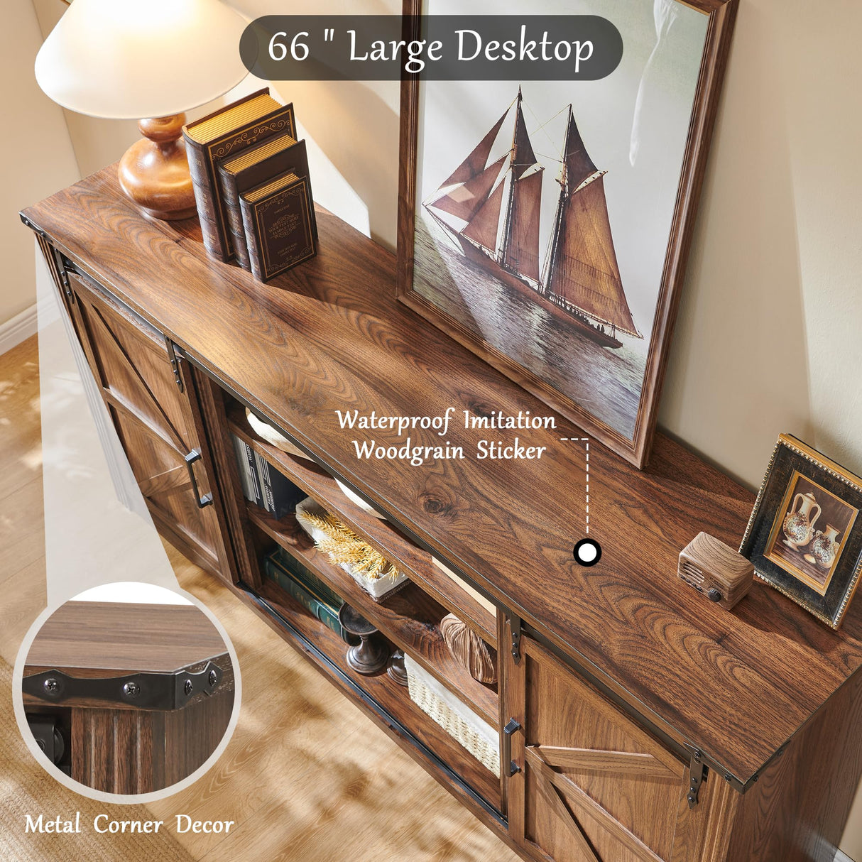 JXQTLINGMU Farmhouse TV Stand for 75+ Inch TV, 32" Tall Entertainment Center w/4 Drawers & Sliding Barn Door, Rustic Media Console w/Storage Shelves, 66" Wood Television Stand for Living Room, Brown JXQTLINGMU