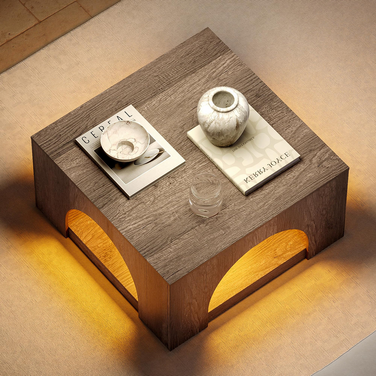 LIKEMET Large Coffee Table, 35.5-Inch LED Center Table with Storage, Square Low Table for Living Meeting Room, Easy Assembly LIKEMET