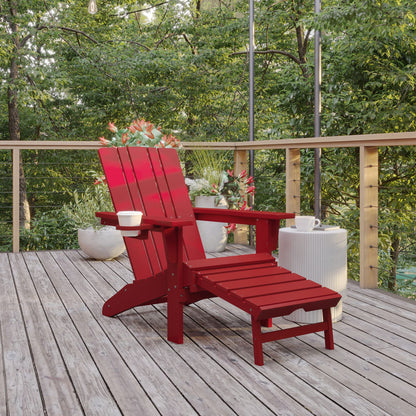 Flash Furniture Halifax Poly Resin Adirondack Chair with Cup Holder and Pull Out Ottoman, All-Weather Poly Resin Indoor/Outdoor Lounge Chair, Red