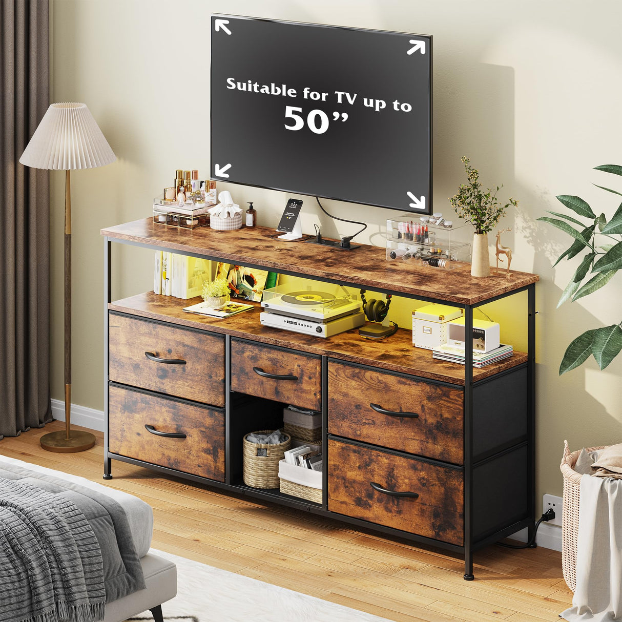 EnHomee TV Stand Dresser for Bedroom with 5 Drawer,Entertainment Center for 50 inch Television, Media Console Table with Storage, Open Shelf, Living Room,Rustic Brown EnHomee