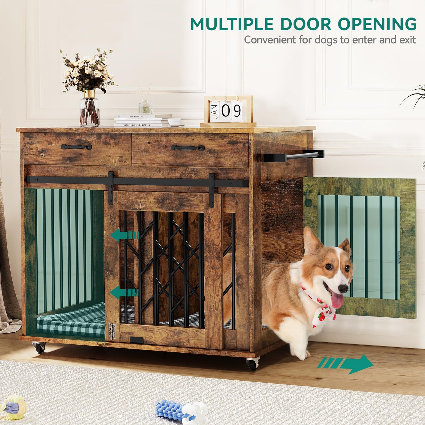 YITAHOME Dog Kennel Furniture for 2 Dogs, 39 inch Double Dog Crate with Storage Drawers, Indoor Wooden Dog House Heavy Duty for 2 Small Medium Dogs, Brown - WoodArtSupply