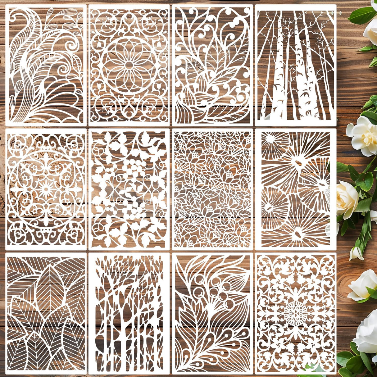 Stencils for Crafts Reusable Texture Stencils Floral Stencil Leaf Tree Templates for Painting on Wood Furniture Card Canvas Paper Scrapbook SUNVERSE