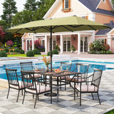 PHI VILLA 7 Piece Outdoor Dining Set with Umbrella, 60” Rectangular Metal Dining Table & 6 Cushioned Wrought Iron Chairs & 13ft Large Beige Umbrella for Patio, Deck, Yard, Porch PHI VILLA