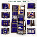 HNEBC 360° Rotating Jewelry Armoire with Lights, Lockable Mirror Jewelry Cabinet, Standing Full Length Mirror with Jewelry Storage, Large Jewelry Mirror Organizer, Wheels,Foldable Makeup Shelf (Brown) HNEBC