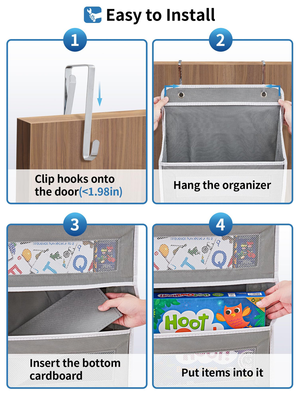 JARLINK Over The Door Organizer Storage, 5 Shelf Hanging Door Organizer with 5 Large Capacity Pockets, Anti Tilt 44 lb Load Behind Door Organizer for Bedroom, Bathroom, Pantry, Nursery, (Grey) JARLINK