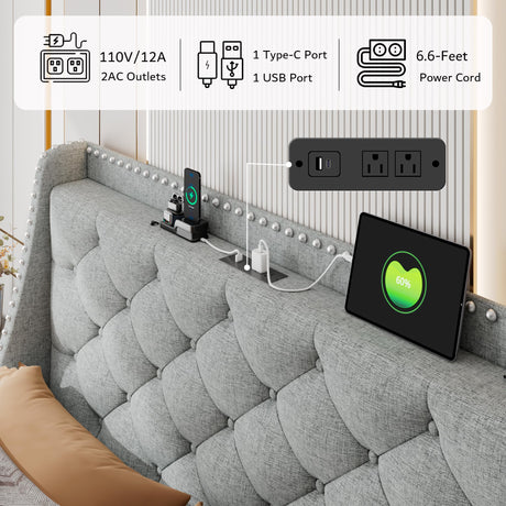 iPormis Deluxe Wingback King Bed Frame with USB Charging Ports & Storage Headboard in Light Grey iPormis