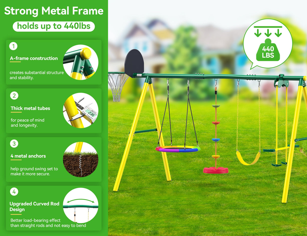 Osoeri Swing Sets for Backyard, 5-in-1 Kids Swing Set, Outdoor Swing Set with Saucer Swing, Glider, Rope Swing, and Basketball Hoop Osoeri
