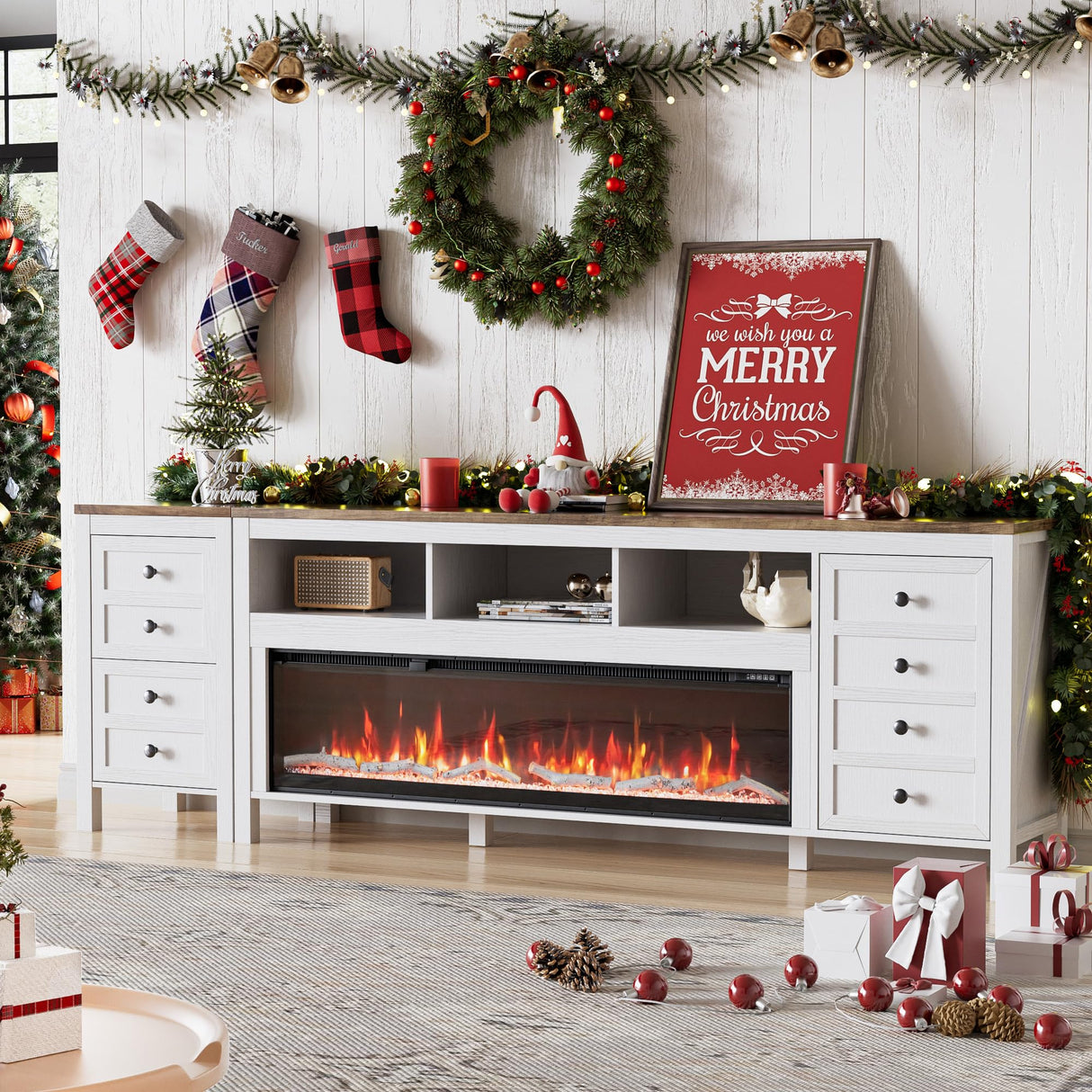 REPHRITE 83" Fireplace TV Stand for Up to 95 Inch TV, Entertainment Center with 50" Electric Fireplace with Storage Cabinets, Modern Farmhouse TV Stand for Living Room, White REPHRITE