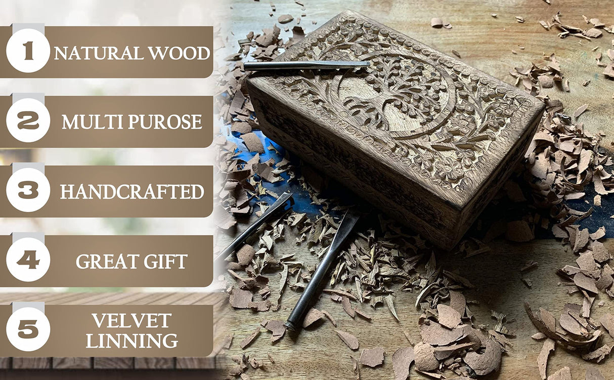 DharmaObjects Hand Carved Tree of Life Wooden Box Keepsake Storage Multi Utility DharmaObjects