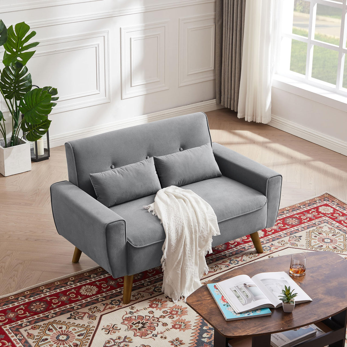 Portaforta 48" Small Loveseat Sofa, Mid Century Modern Love Seat Couch, 2 Seat Tufted Couches with Throw Pillows for Living Room, Apartment, Bedroom and Small Spaces, Light Grey Portaforta