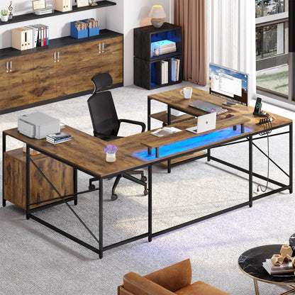 YITAHOME U Shaped Desk with Power Outlets & LED Lights, 79" Reversible L Shaped Desk with Drawers, Corner Computer Desk Office Desk with Monitor Stand & Storage Shelves, Rustic Brown - WoodArtSupply