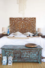 Balinese Hand Carved King Size Bed Headboard Reclaimed Wooden Panels Artwork Handmade Painted in Chiang Mai Thailand 72 Inches Siam Sawadee