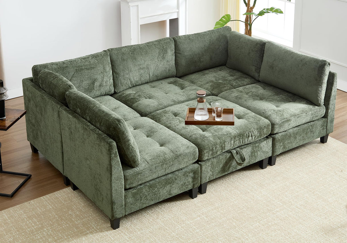 Luxe Oversized Modular Sectional Sofa, Modern Chenille Convertible Sleeper Sofa with Storage Ottoman, Comfy Deep Seat U-Shaped Cloud Couch for Living Room（Green，5-Seater + 1*Ottoman+ Tea Tray） smilesun