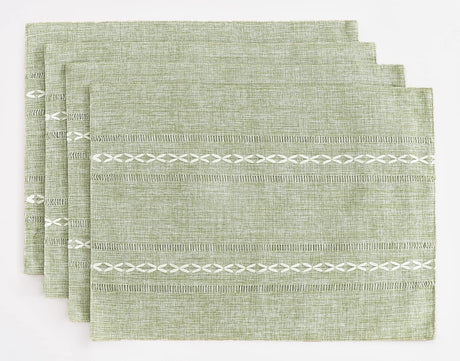 Wracra Cotton Linen Placemats, 12 x 18 Inch Set of 4 Fete Placemats Rustic Hemstitch Place Mats for Kitchen Table and Heat Resistant-Sage Green Wracra