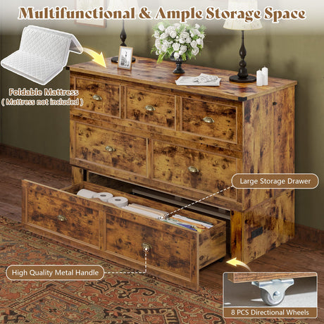 AMERLIFE Queen Size Murphy Bed, Farmhouse Wooden Cabinet with Charging Station and Storage Drawer for Bedroom/Office/Guest Room, Rustic Brown AMERLIFE