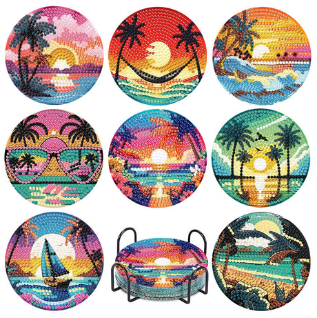 CAMOYAI 8 pcs Beach Diamond Art Coasters Kits with Holder, DIY Landscape Diamond Painting Coasters,Diamond Art Kits for Adults Beginners CAMOYAI