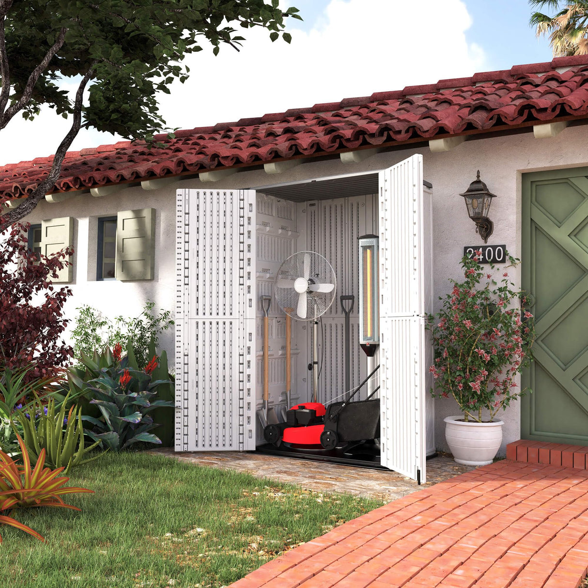 HOMSPARK Storage Shed Weather Resistance, Multi-Purpose Outdoor Storage Cabinet Waterproof, Outdoor Storage Cabinet for Garbage Cans, Lawnmower, Garden Accessories (off white, tall shed-53 cu ft) HOMSPARK