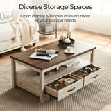 LINSY Farmhouse Coffee Table, Rectangle Coffee Table with Drawers, Rustic Wooden Coffee Tables with Storage, Center Table for Living Room, Apartment, Office, White Oak LINSY