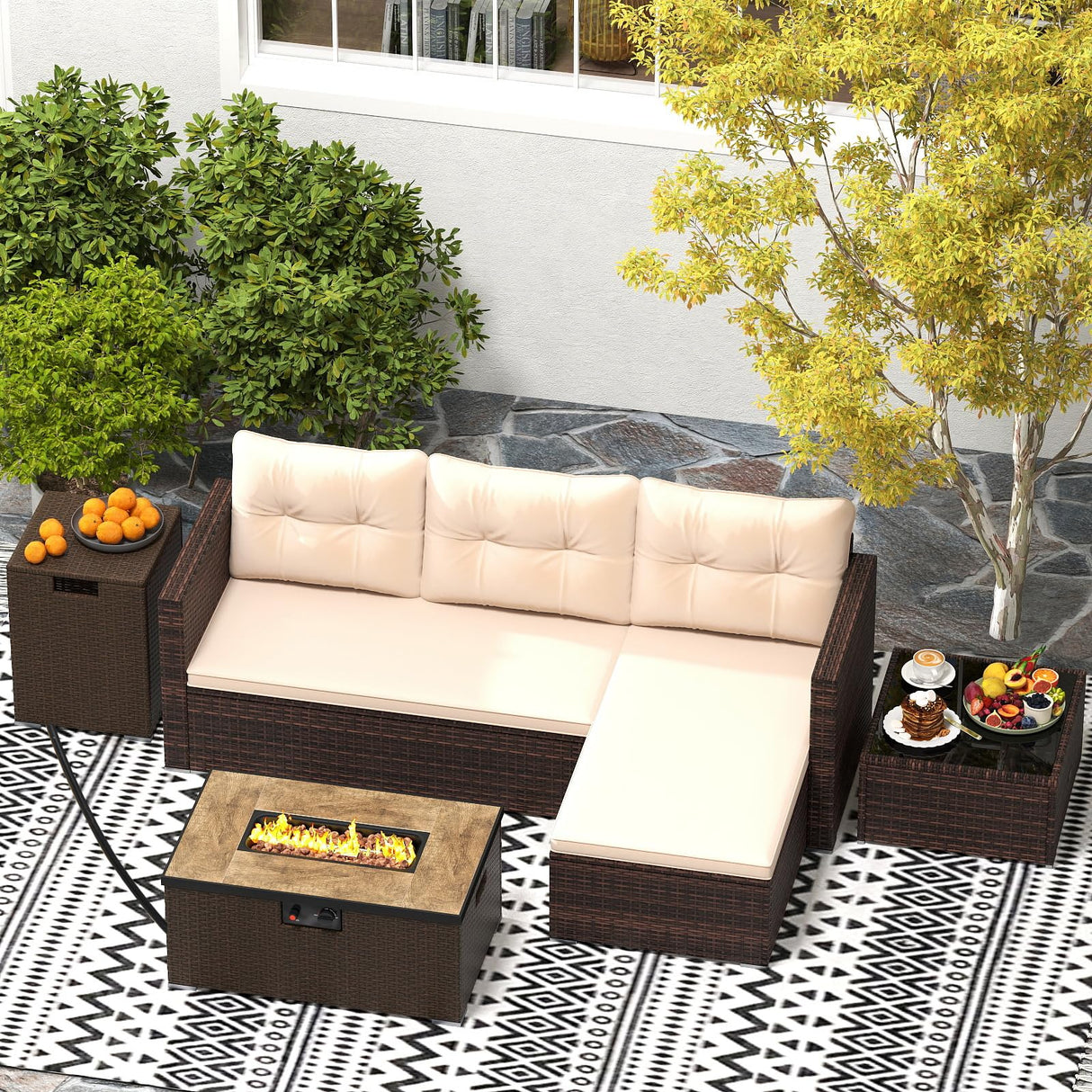 Tangkula 5 Pieces Patio Furniture Set with 32” Fire Pit Table and Propane Tank Cover, Outdoor Wicker Cushioned Sectional for Deck, Backyard, Fire Pit Protective Cover Included (Beige) Tangkula