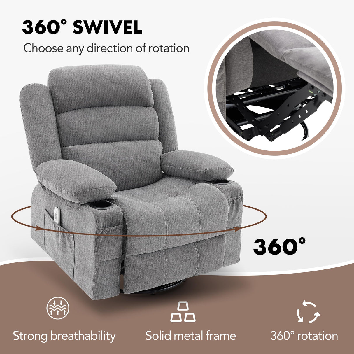 Rocker Recliner Chair with Heat and Massage, 360° Swivel Recliner Chairs for Adults, Oversized Recliner Single Sofa Seat with Cup Holders, Lazy Boy Recliner Single Sofa, Grey Huatean Home