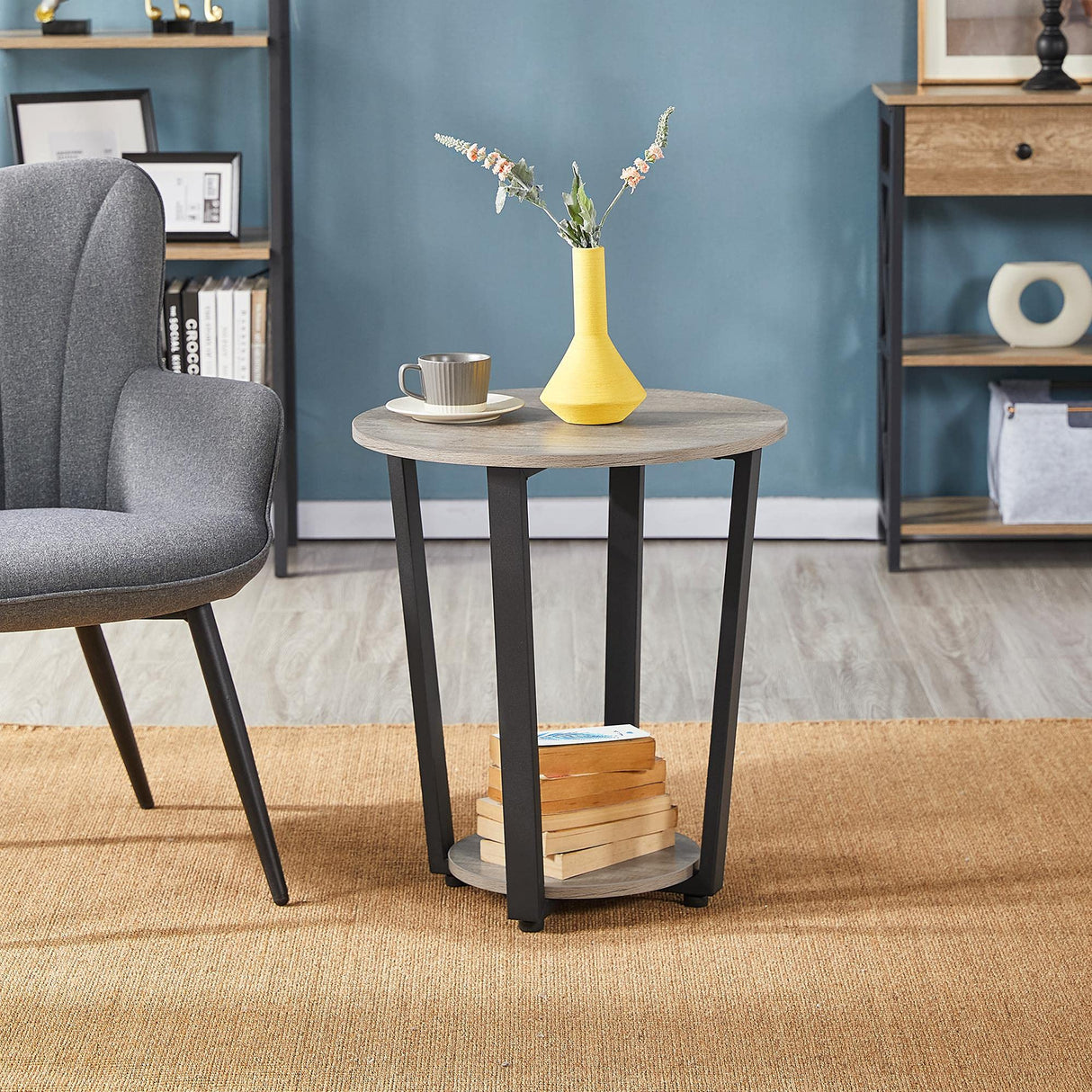Yaheetech Farmhouse Round End Table with Storage Shelf, 2 Tier Side Table with Metal Frame and Sturdy Wood, Sofa Side Table for Living Room Small Spaces, Easy Assembly, Gray Yaheetech