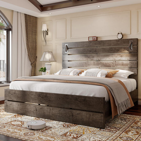 Jocisland Full Size Farmhouse Bed Frame with 51" Headboard, LED Reading Lights, Rustic Wood Look, No Box Spring Needed, Rustic Gray Jocisland