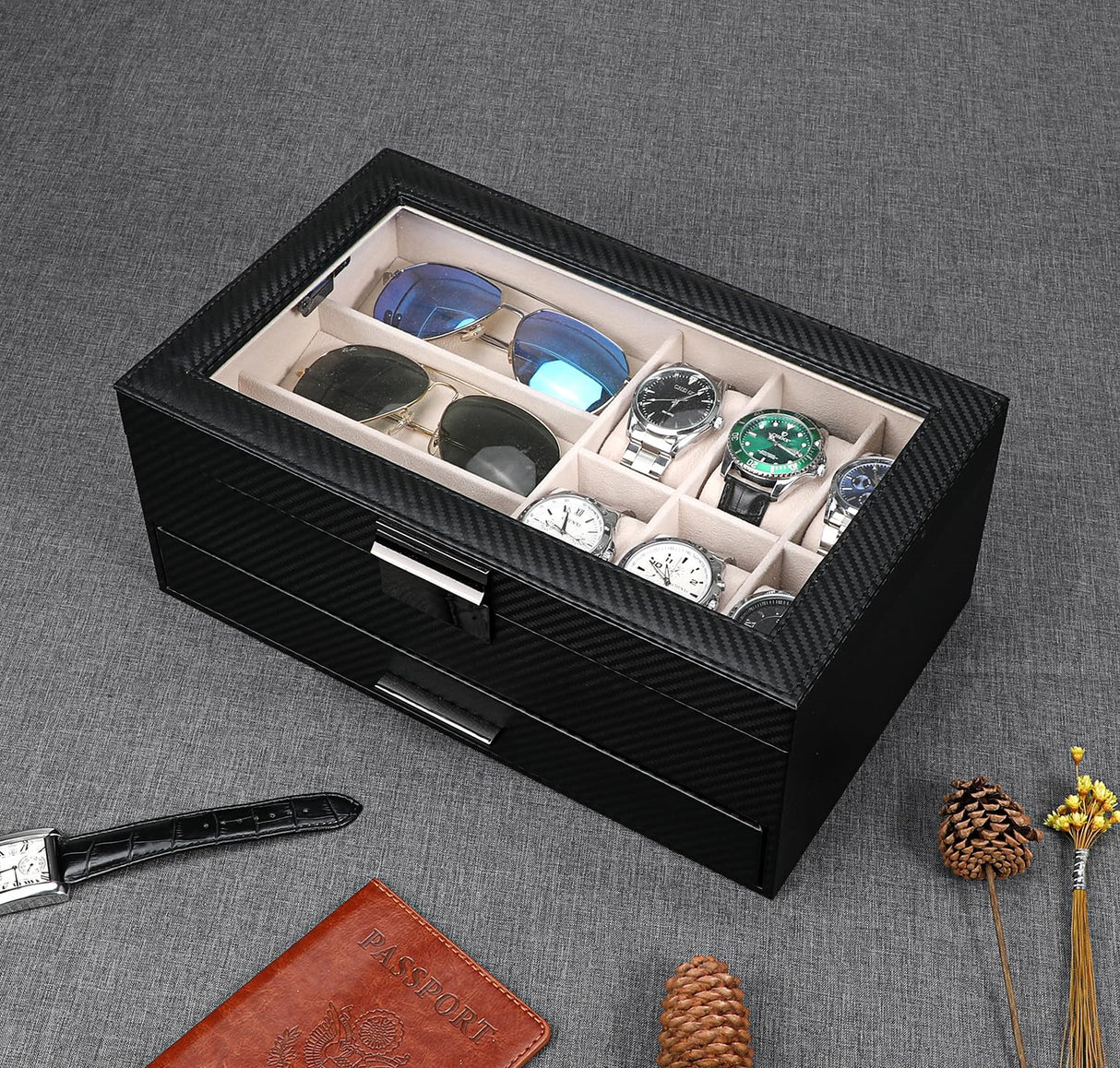 LANDICI Watch Box for Men Women 2 Layer PU Leather Watch Organizer Storage Case,Large Jewelry Box Watch Holder Organizer Display for Watch Sunglasses Bracelet Necklace Ring,Black & Apricot LANDICI