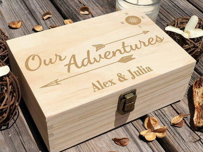 Our Adventures Box, 8.5 in x 8 in x 2.5 in, Wooden Box, Keepsake Box, Memory Box, Gift box, 5th Anniversary Gift, Unique Gift Ideas, Travel, Wooden