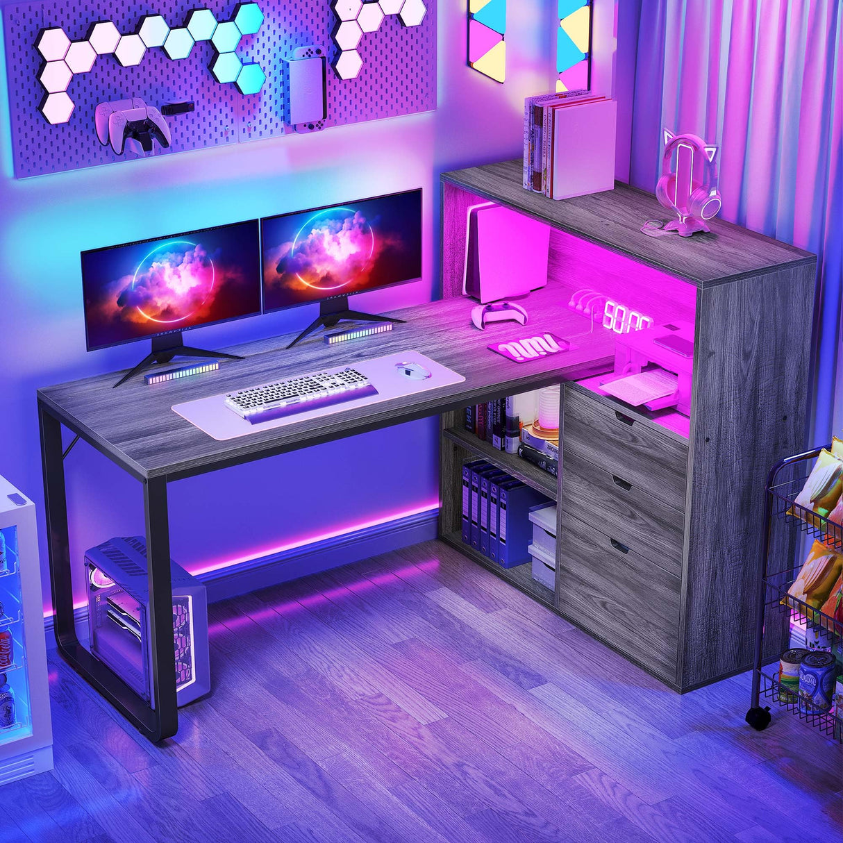 DWVO L Shaped Desk with Drawers & Power Outlets, 55" Computer Desk with Bookshelf, Corner Desk Home Office Desk with Storage Shelves & LED Lights, Grey DWVO