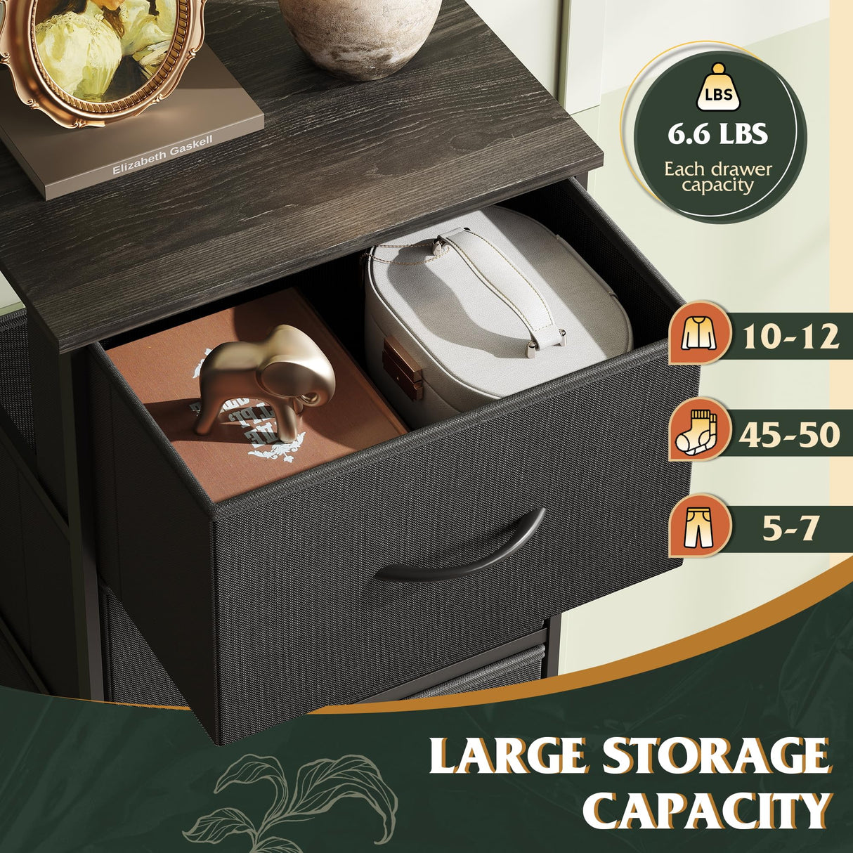 WLIVE Fabric Dresser, 5-Drawer Tall Dresser for Bedroom, Storage Organizer with Fabric Bins, Wood Top, Sturdy Steel Frame, Chest of Drawers for Closet, Hallway, Charcoal Black WLIVE