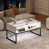 Glass Coffee Tables for Living Room, White Mid Century Modern Coffee Table with Storage, Smart Led Light Wood Coffee Table HWB