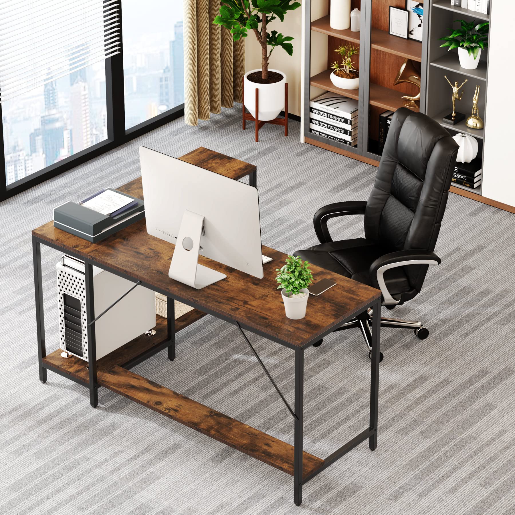 Tribesigns L Shaped Desk with Storage Shelves, Reversible Computer Desk Gaming Desk for Home Office Workstation, Rustic Brown - WoodArtSupply