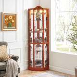 Ball & Cast 72" H Lighted Corner Curio Cabinet with Curved Top Carving,Glass Display Cabinet with 6 Tempered Adjustable Glass Shelves and Doors,Light Bulb Included, Rack for Liquor Storage,Oak Ball & Cast