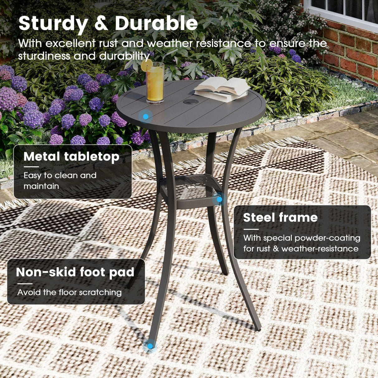 DIFY Patio Bar Height Table, Grey 28" Round Outdoor Pub Table with 1.57" Umbrella Hole for Bistro, Garden, Poolside and Balcony DIFY