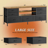 Huuger TV Stand Dresser with Power Outlets and LED Lights, 7 Drawers Entertainment Center for 60 Inch TV, TV Console with Open Shelf, 55 Inches Wide Fabric Dresser, PU Leather, Rustic Brown and Black Huuger