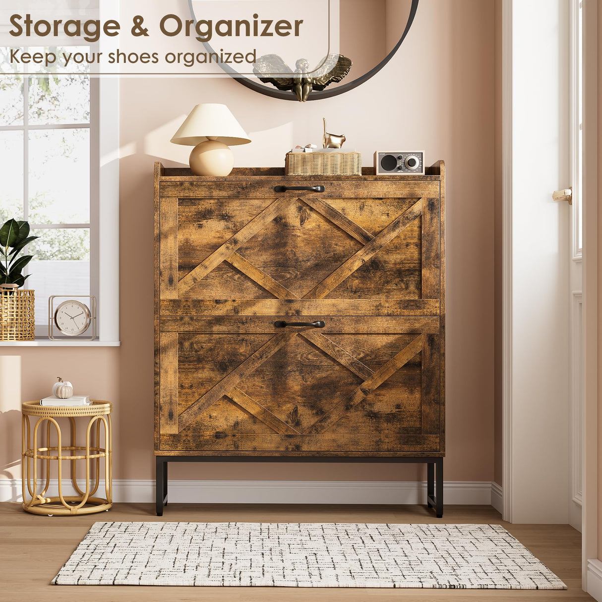 Nicetree Shoe Cabinet Organizer with 2 Flip Drawers, Freestanding Narrow Rack with Metal Legs, Farmhouse Slim Shoe Storage for Entryway, Foyer, Hallway, Rustic Brown Nicetree