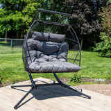 Sunnydaze Andrei Double Hanging Egg Chair with Stand - 2-Person Outdoor Egg Chair - Includes Steel Stand and Cushion - Dark Gray Sunnydaze