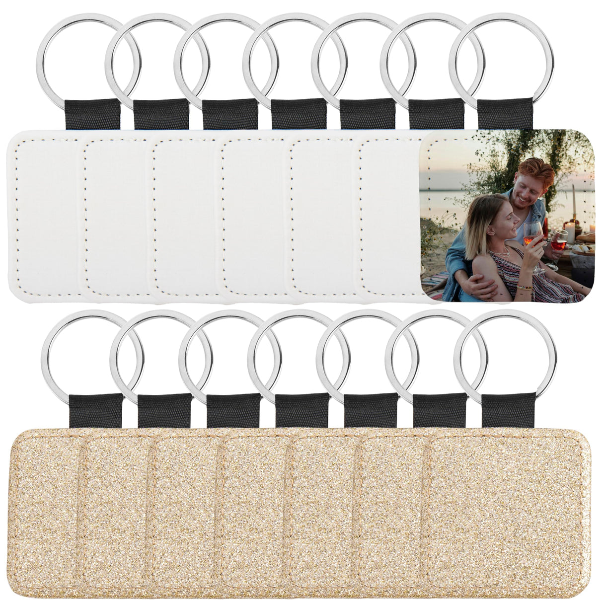 Framendino, 16 Pack Sublimation Blank Keychain Glitter PU Leather Square Rectangle Heat Transfer Key Chain for DIY Craft Making(Gold) Framendino