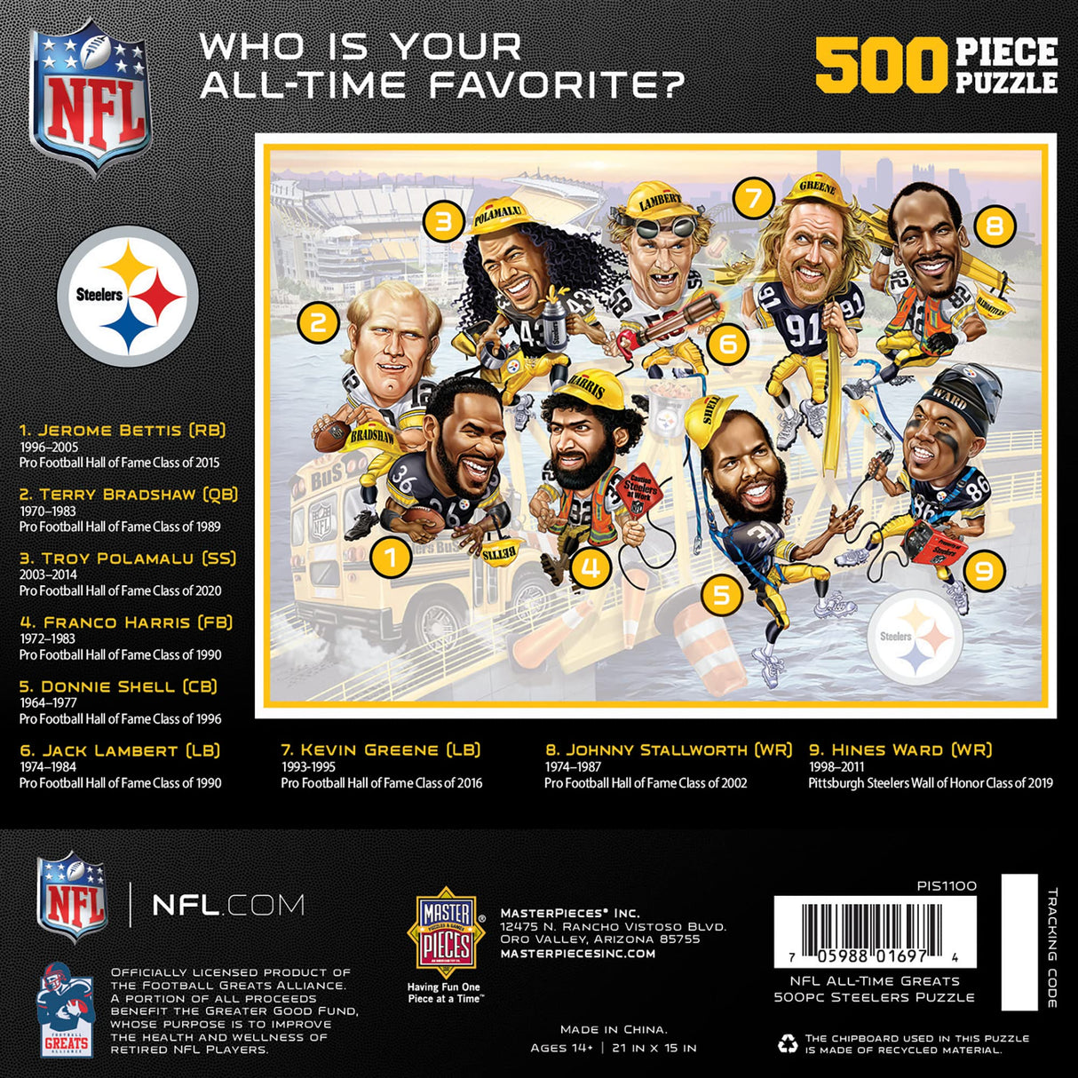 MasterPieces 500 Piece Sports Jigsaw Puzzle for Adults - NFL Pittsburgh Steelers All-Time Greats - 15x21" Masterpieces
