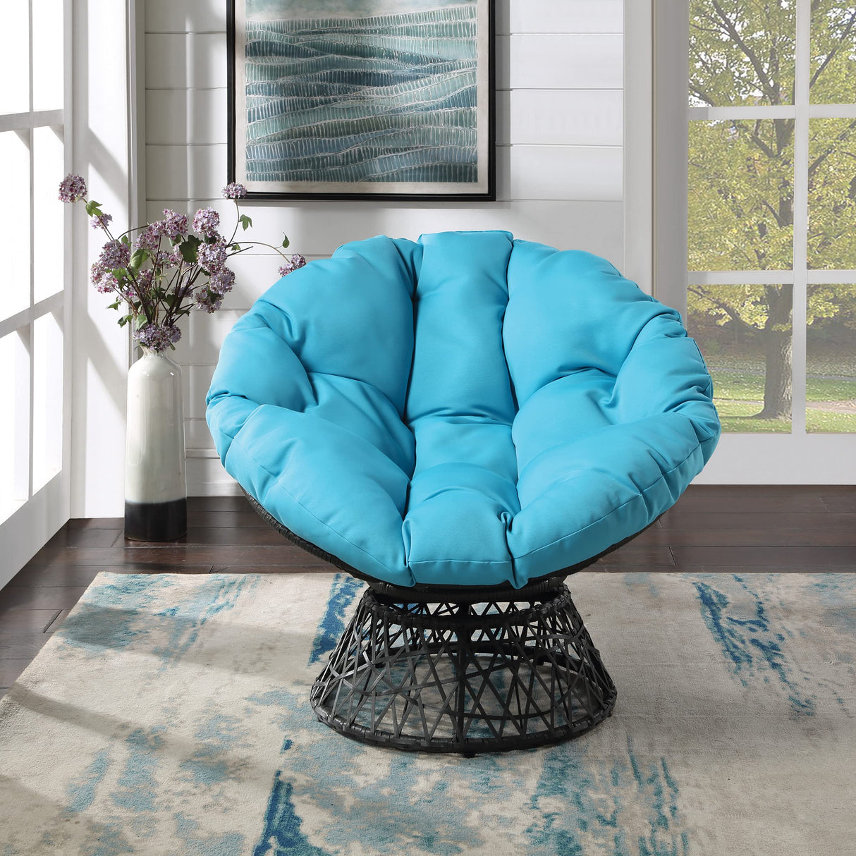 OSP Home Furnishings Wicker Papasan Chair with 360-Degree Swivel, Grey Frame with Blue Cushion OSP Home Furnishings