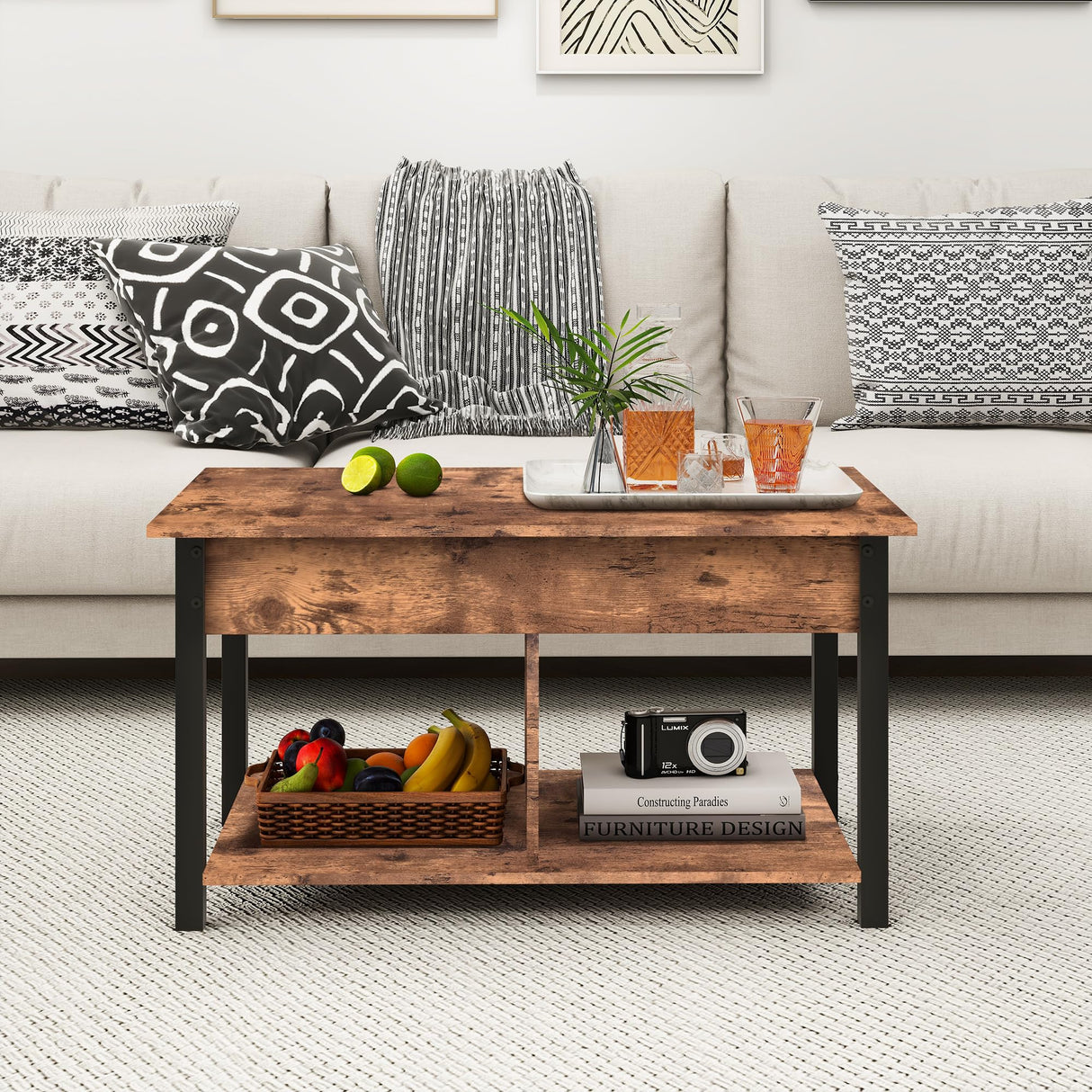 HOMERECOMMEND Lift Top Coffee Table with Storage Shelf and Hidden Compartments,Coffee Tables for for Living Room,Rustic Brown Lift Top Coffee Table HOMERECOMMEND