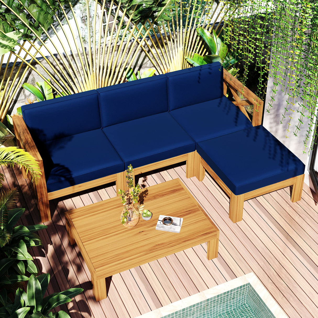 YSWH 5-Piece Patio Acacia Wood Outdoor Sectional Furniture Conversation Sets with Slatted Tabletop Tea Table and X-Back Wood Frame, Removable Cushions YSWH