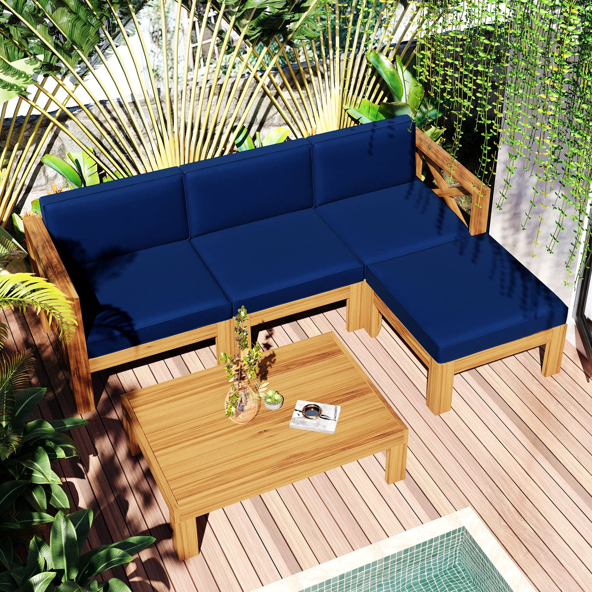 YSWH 5-Piece Patio Acacia Wood Outdoor Sectional Furniture Conversation Sets with Slatted Tabletop Tea Table and X-Back Wood Frame, Removable Cushions - WoodArtSupply