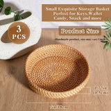 Hushee 3 Pcs Small Round Keys Basket for Entryway Woven Bowl Basket Rattan Wicker Round Tray Organizing for Keys Wallet Cell Phone Tabletop Serving Fruit Food Holder Decorative Table Storage Hushee