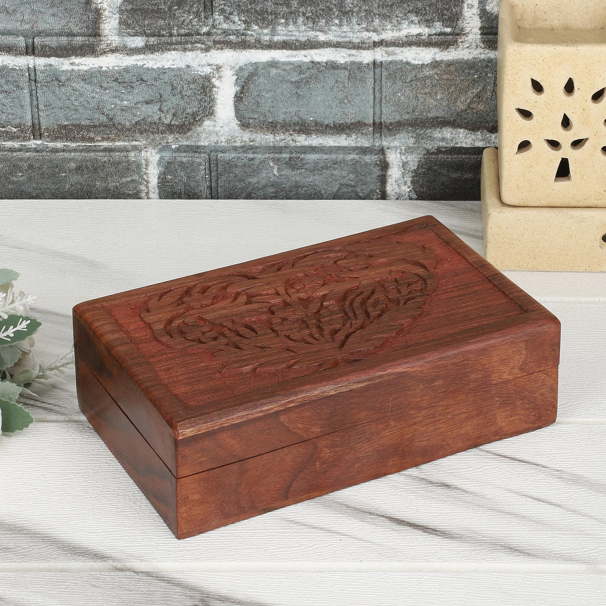 Ajuny Hand Carved handmade Wooden Decorative Treasure Chest Box - Flower Leaf Multipurpose Use Jewelry Storage Case Organizer Keepsake Watch Box Great for Gifts - Brown, 8X5 Inch Ajuny